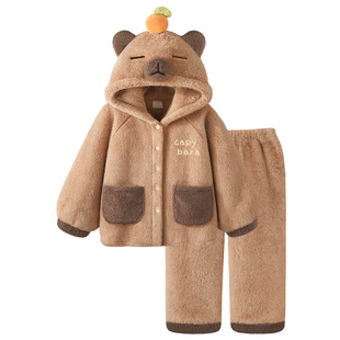 冬季睡衣女款珊瑚绒加厚卡皮巴拉可爱情侣家居服秋冬新款套装男士