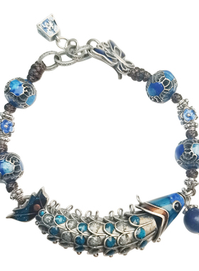 新40克S925纯银烧蓝小龙鱼手工原创设计复古手链民族风格珠子手
