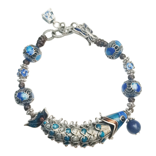 新40克S925纯银烧蓝小龙鱼手工原创设计复古手链民族风格珠子手