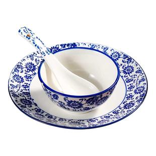 青花瓷酒店摆台餐具三件套陶瓷餐厅用米饭汤碗碟盘子勺子茶杯套装