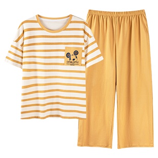浪莎纯棉短袖七分裤睡衣女士夏天圆领卡通可爱家居服薄款休闲套装