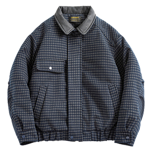 马切达冬季男款皮领通勤美式休闲棉衣格子复古百搭冬装外套潮牌