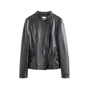 【商场同款】X--MOOM春秋新款绵羊皮立领复古机车夹克皮衣外套女