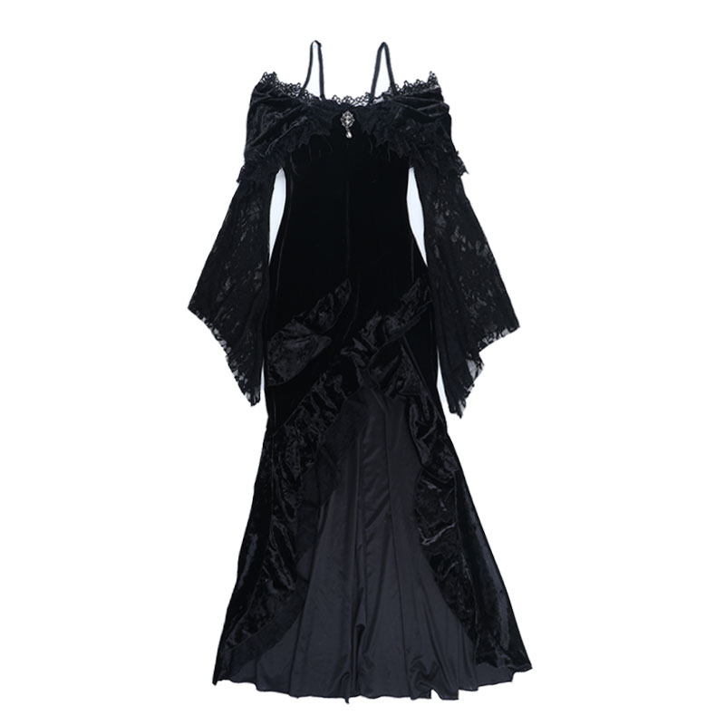 希与studio哥特风暗黑丝绒宝石吊坠开叉鱼尾连衣裙亚文化辣妹长裙