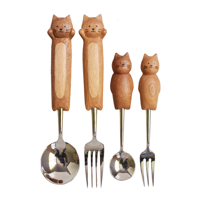 有型猫咪正餐儿童勺叉ins风实木