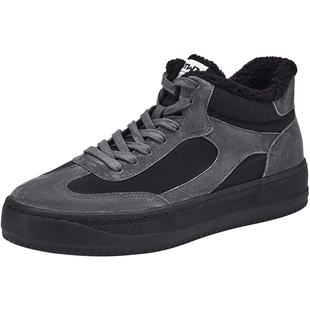 热风男鞋2025年冬季新款男士加绒高帮板鞋复古拼接休闲鞋增高鞋子