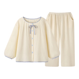 『荔枝奶白』清新简约睡衣女款春秋款新款纯棉纱布长袖套装家居服