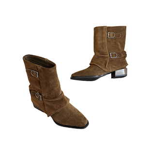 粗跟短靴女靴群子靴2025秋冬季新款西部牛仔靴时装裤管骑士靴子