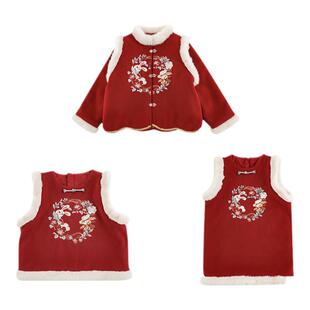 幼悠女童新中式过年服系列冬季甜美兔子花环刺绣外套连衣裙多件套