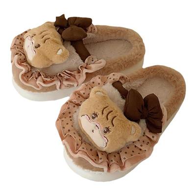 细细条甜美蝴蝶结花边小熊棉拖鞋