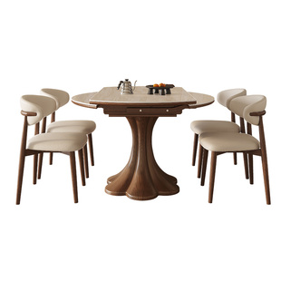 中古风洞石岩板伸缩餐桌可变圆桌家用小户型折叠实木方圆两用饭桌