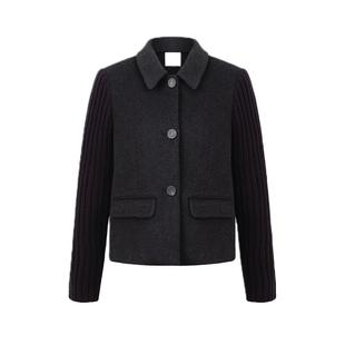 【明星同款】羊织道月亮球 羊毛混纺翻领针梭拼接短款外套大衣女