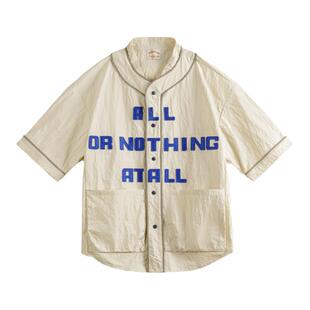 马登工装美式复古皱感棒球领衬衫vibe运动字母短袖开衫衬衣男夏季