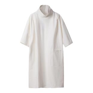 清濯纯色高领加厚针织棉中袖打底连衣裙宽松百搭白