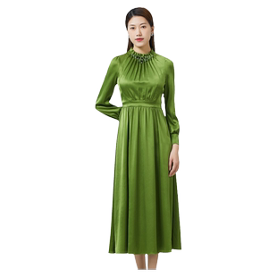SUSSI/古色绿色水晶缩褶领光泽感醋酸缎面中长款连衣裙女