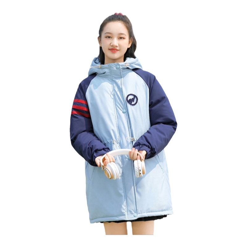 中长款休闲连帽宽松撞色拼接棉服