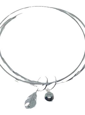 女999纯银羽毛铃铛吊坠手镯