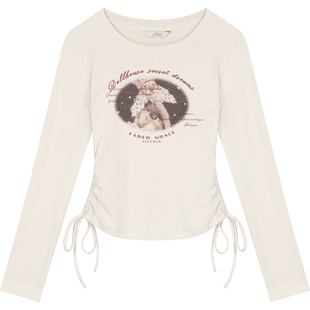 妖精的口袋印花抽褶长袖t恤女2026春新款韩系修身打底衫薄款上衣