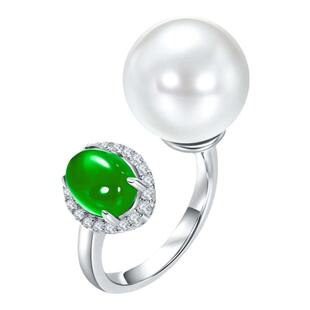 vintage天然冰透绿玉髓玛瑙满钻开口戒指女气质时尚珍珠指环饰品