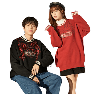 唐狮锈花新年毛衣情侣装冬季男女喜庆宽松慵懒风毛衣外穿款针织衫