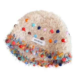彩色珠珠毛绒帽子显脸小针织帽韩版可爱女秋冬季毛线帽保暖包头帽
