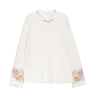 布符秋季新品绣花水滴领拼袖旗袍上衣休闲百搭中式文艺女装