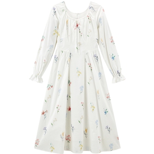 乐町植物碎花长袖连衣裙女25年春季新款显瘦显高大U领系带连衣裙