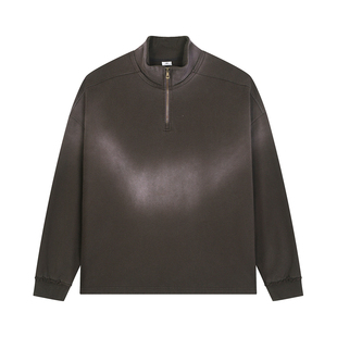 美式高克重扎染做旧渐变半拉链立领卫衣复古重磅465G硬挺立领上衣