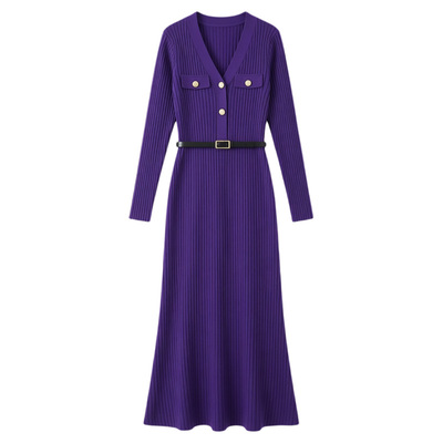 轻奢高级感紫色针织连衣裙