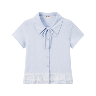 奶油的宇宙 绑带蕾丝花边蓝色polo领衬衫短袖女甜美修身短款上衣