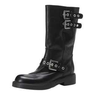 【里外全真皮】2025秋冬新款瘦瘦靴春秋单靴女显瘦搭扣厚底中筒靴