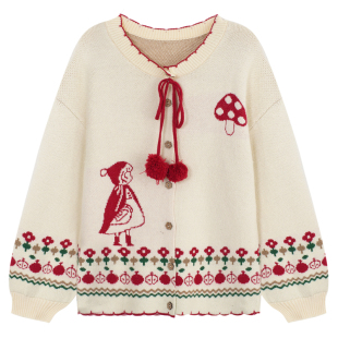 YUZI复古针织开衫外套特大码女装蝴蝶结灯笼袖中长款可爱减龄胖mm