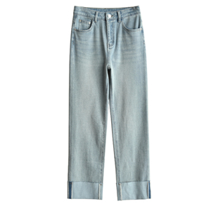 女士卷边烟管牛仔裤 百搭弹力直筒裤 简约休闲九分裤 春款 女装