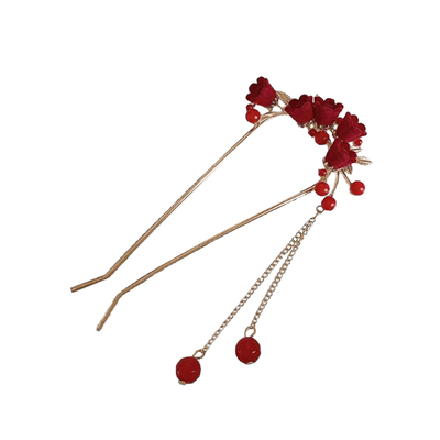 新中式红色流苏U型发簪女盘发钗
