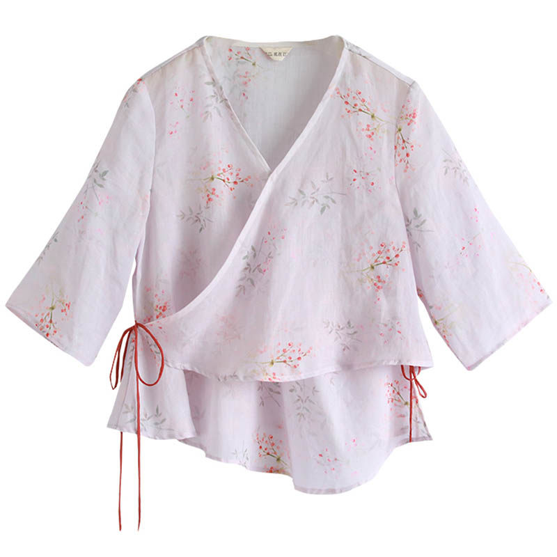 系带半袖苎麻印花宽松汉服上衣夏