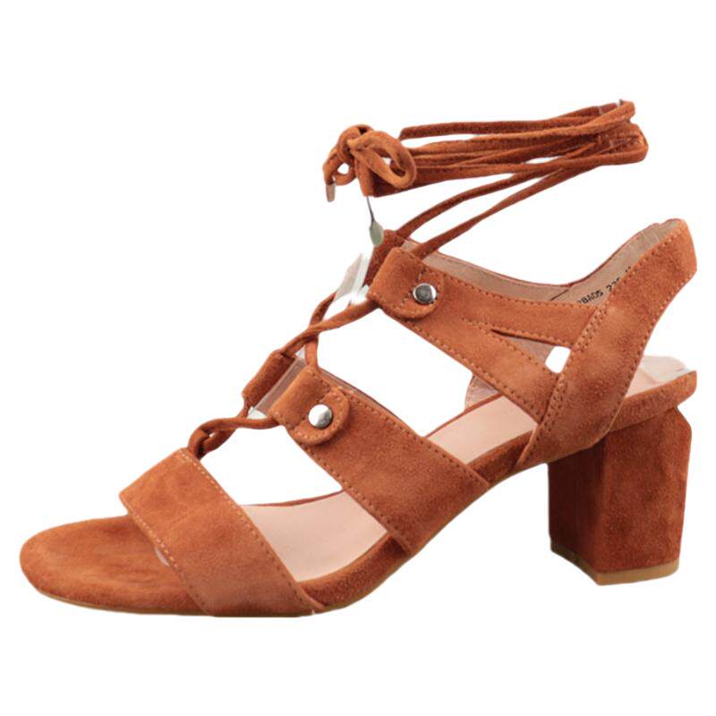 羊绒皮异型方跟交叉绑带罗马凉鞋