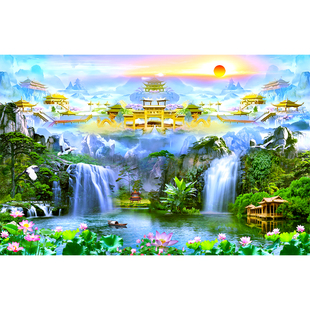 天宫仙境供桌壁纸仙鹤荷花山水祥云莲花装饰画佛道仙堂背景墙纸