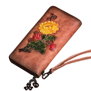 真皮长款钱包女大容量头层牛皮女式手拿包时尚复古拉链钱夹手机包