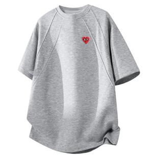 查尔斯桃心新款圆领短袖T恤男夏季爱心刺绣解构纯色百搭情侣上衣