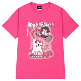 潮牌欧美街头hiphop短袖T恤男女美式卡通猫咪印花情侣圆领半袖bf