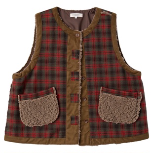 红色日系复古格纹马甲背心女春秋新款加厚仿羊羔毛两面穿外套上衣