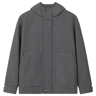 秋冬季男士连帽毛呢大衣黑色加厚工装风短款呢子外套羊毛羊绒男装