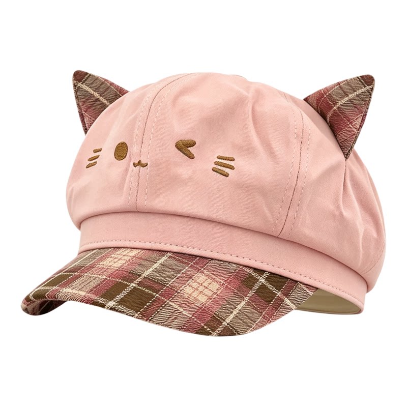 日系可爱猫耳朵帽子女款夏季薄款透气八角帽宽檐显脸小画家贝雷帽