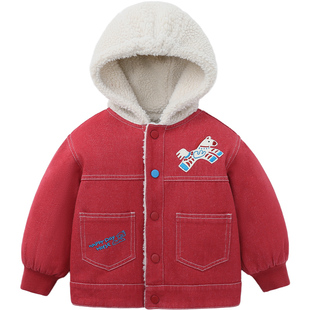 [骏马福裳500G羊羔绒]齐齐熊宝宝加绒牛仔外套男童新年红色儿童装
