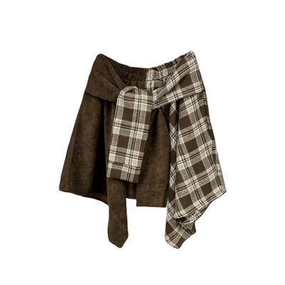 美拉德格子拼灯芯绒不规则半身裙