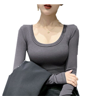 2026秋冬新款欧货时尚螺纹打底衫内搭基础款长袖修身显瘦U领T恤女