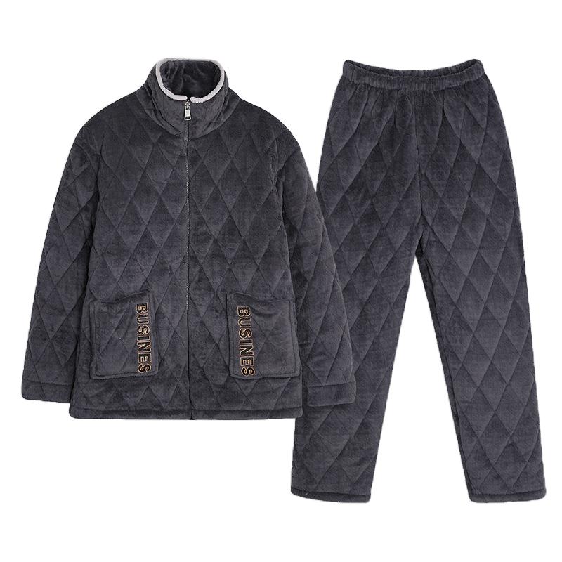 中老年男士睡衣珊瑚绒秋冬季三层加厚加绒夹棉袄家居服套装老人款