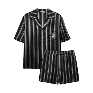 桑罗条纹短袖真丝睡衣套装男女礼物家居服桑蚕丝情侣同款