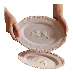 泽滕家粉色可爱小狗浮雕陶瓷蝶家用创意平盘子好看精致漂亮汤菜碟