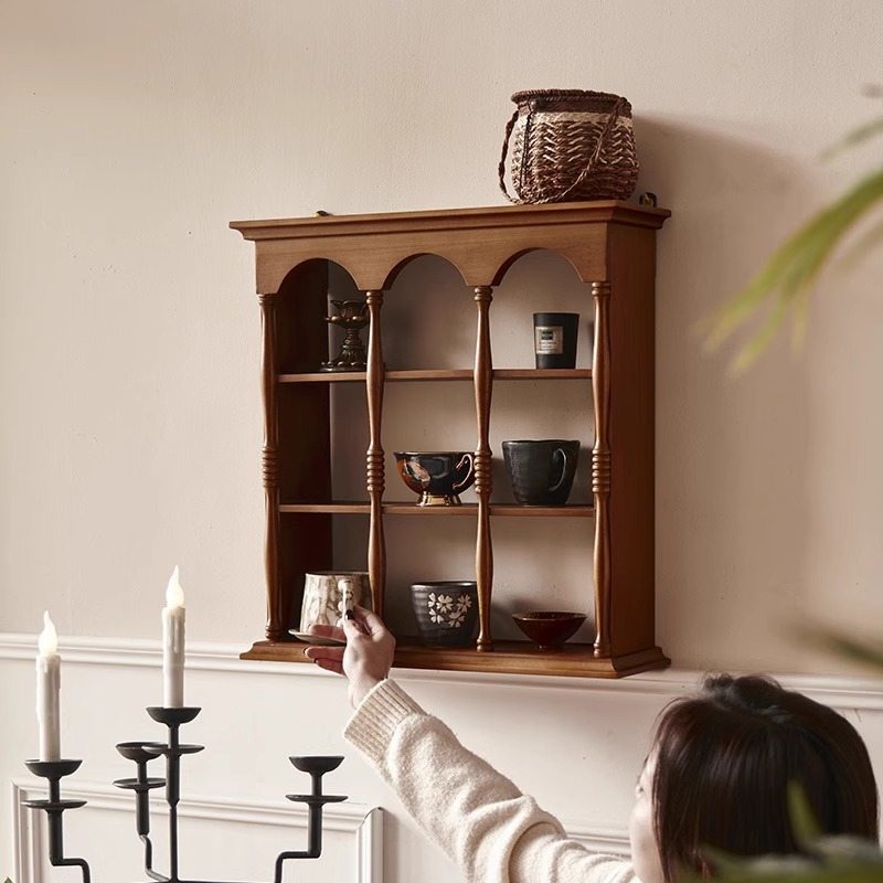 复古实木杯架美式墙面法式壁挂置物架装饰家具展示架隔板收纳中古